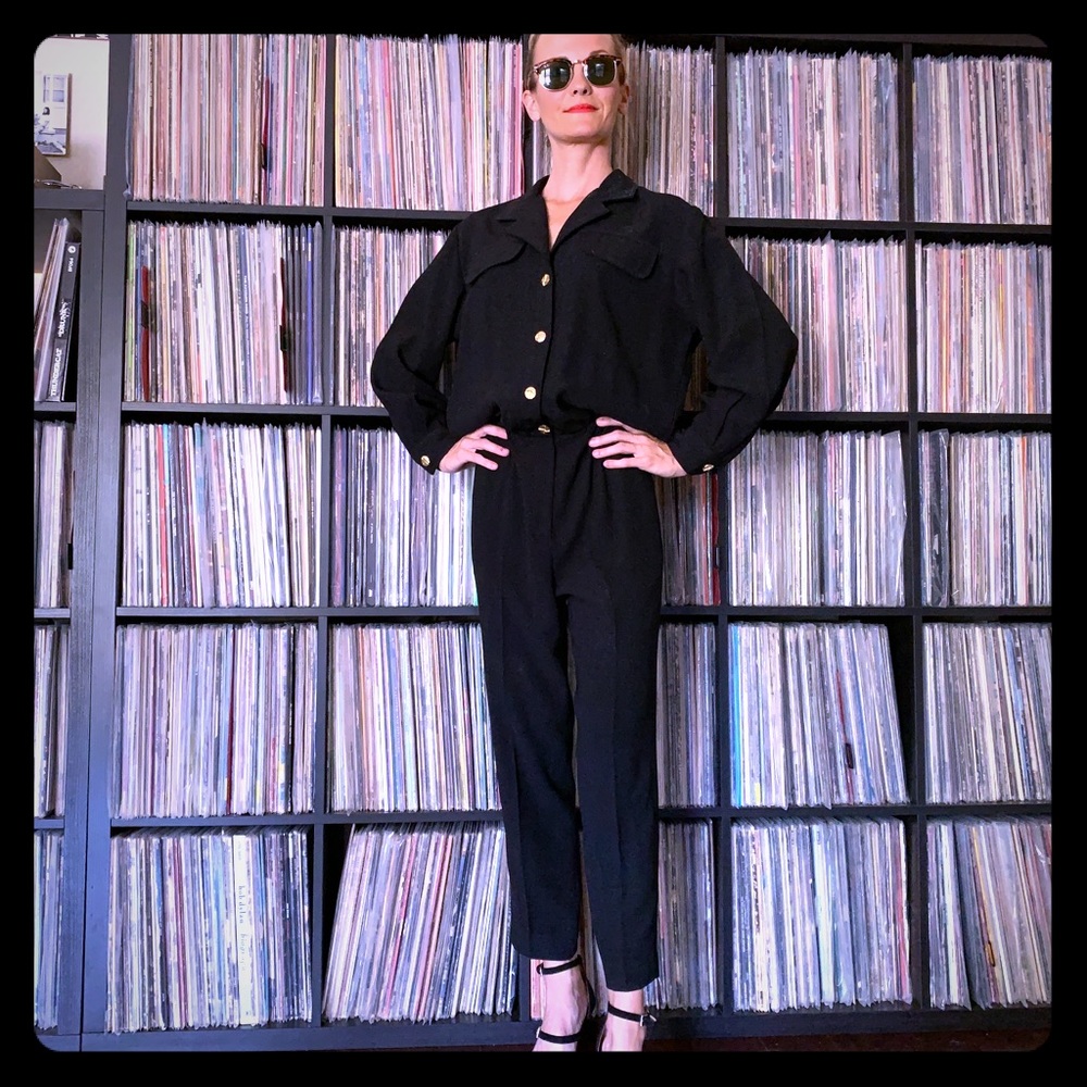 vintage black career jumpsuit with gold buttons
